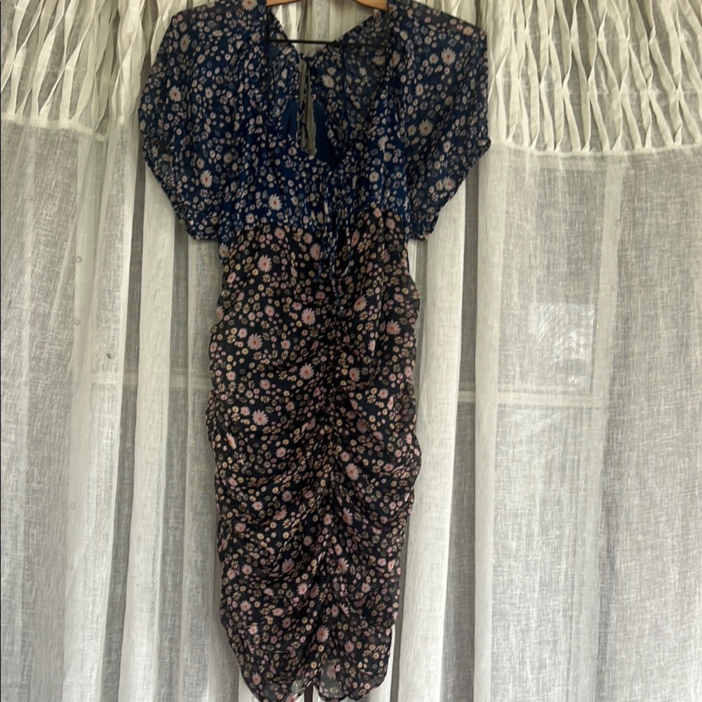 Free People Blue and Black Sequin Puff Sleeve Mini Dress